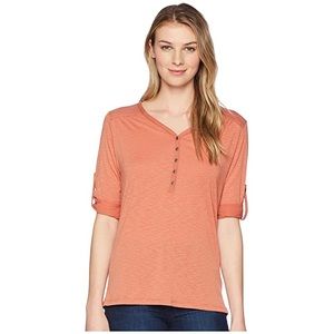Kuhl Shasta Henley Top Button Tab Lightweight 3/4 Sleeve Rust Orange Medium